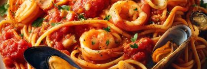 seafood in tomato and garlic sauce with linguine pasta