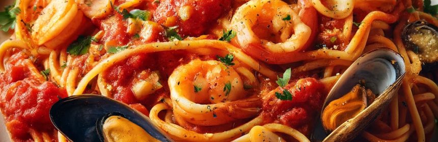 seafood in tomato and garlic sauce with linguine pasta