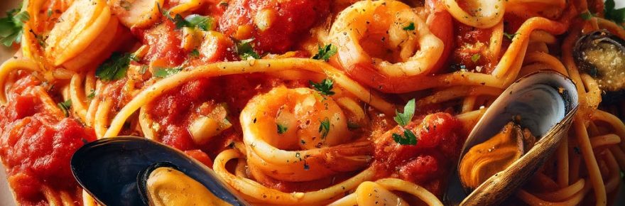 seafood in tomato and garlic sauce with linguine pasta